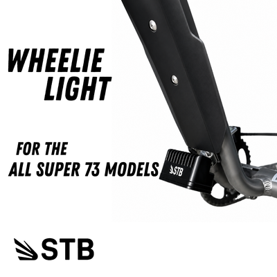 Super73 wheelie light installed low on the bike frame